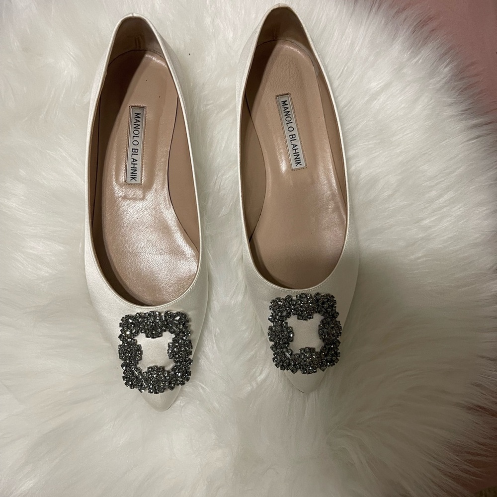 Manolo Blahnik White Flats with Rhinestone Embellishment
